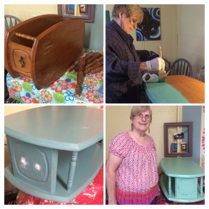 Sandra's project is an end table. She painted two different colors and lightly distressed. She will finish it at another time. 