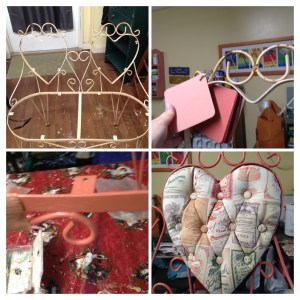 I painted the wrought iron base of the settee two tones of coral and distressed lightly. 